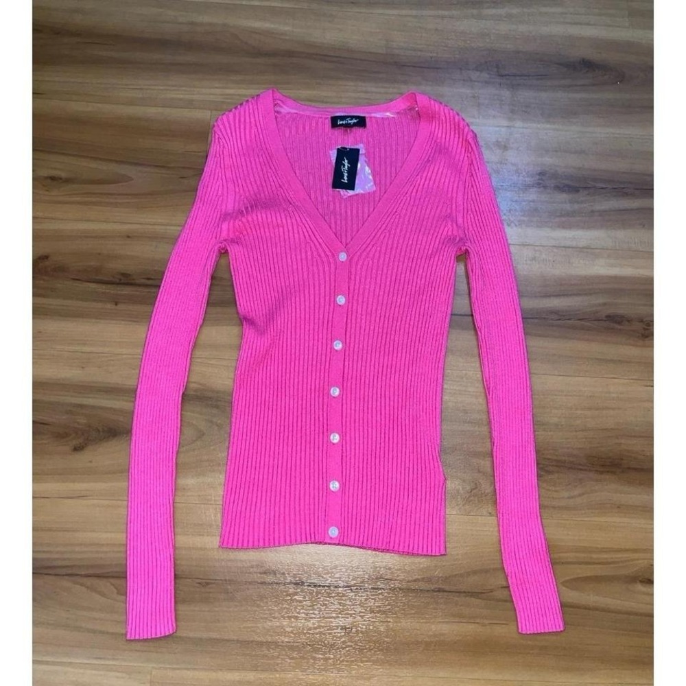 Womens NWT Lord & Taylor Barbie Pink Ribbed Stretch Cardigan Sweater